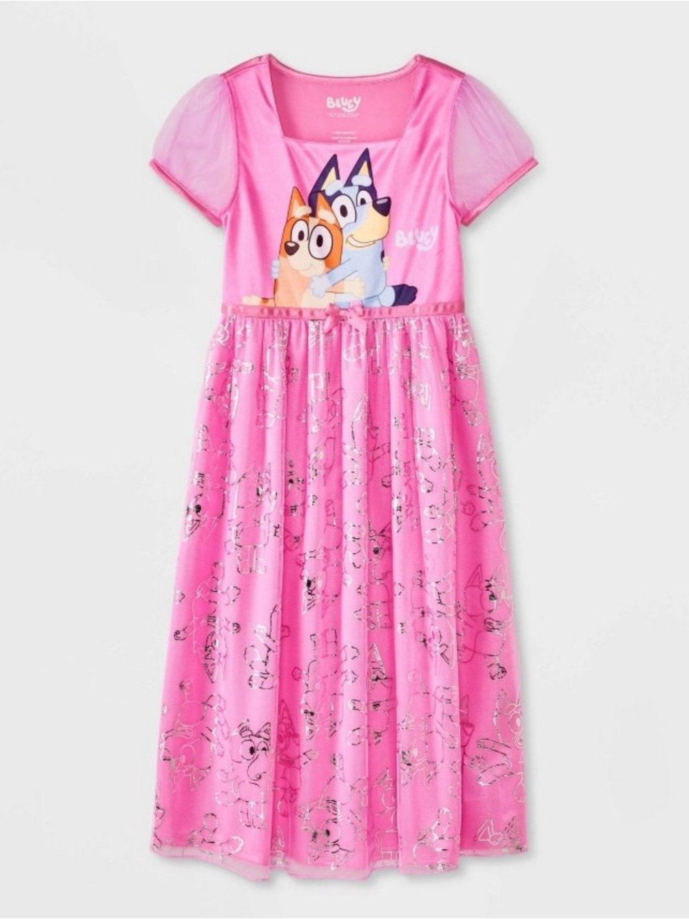 Girls' Bluey and Bingo Sisters Fantasy Night Gown Pink Silver Lightweight